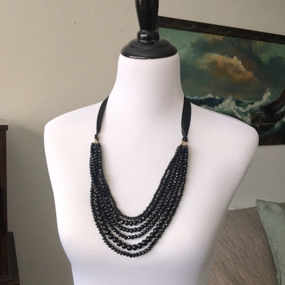 Jet Black Beaded Satin Ribbon Necklace Adjustable Onyx Statement Necklace LOFT